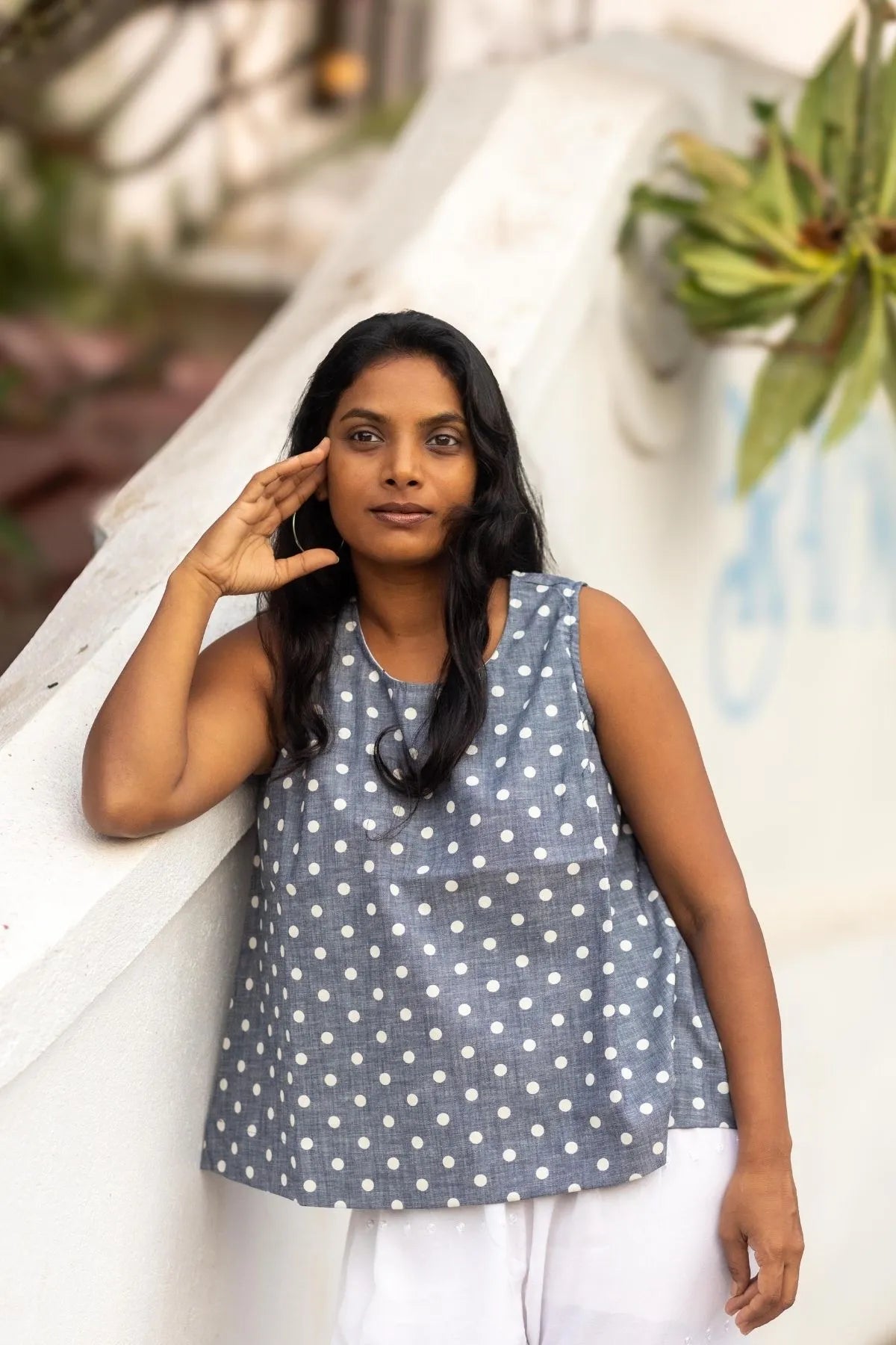 Sleeveless Swing Top in White Blue Polka