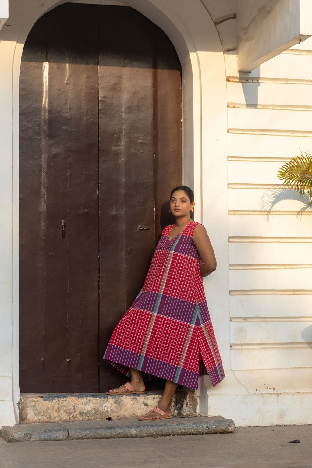 Umi Sleeveless Dress in Red Madras Checks