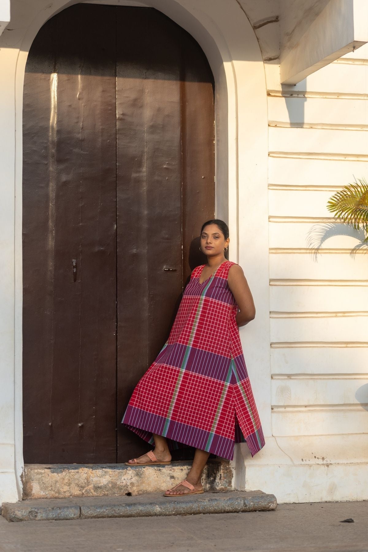 Umi Sleeveless Dress in Red Madras Checks